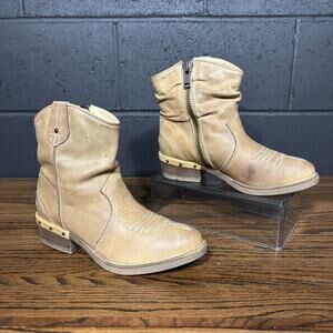 Sundance Leather Ankle Boots Women’s Size 8 Tan Slouch Western Zip Portugal